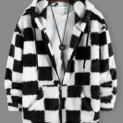 Men's Black & White Checkerboard Fleece Hooded Zip-Up Jacket Winter Thick Warm Sherpa Casual Coat