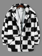 Men's Black & White Checkerboard Fleece Hooded Zip-Up Jacket Winter Thick Warm Sherpa Casual Coat
