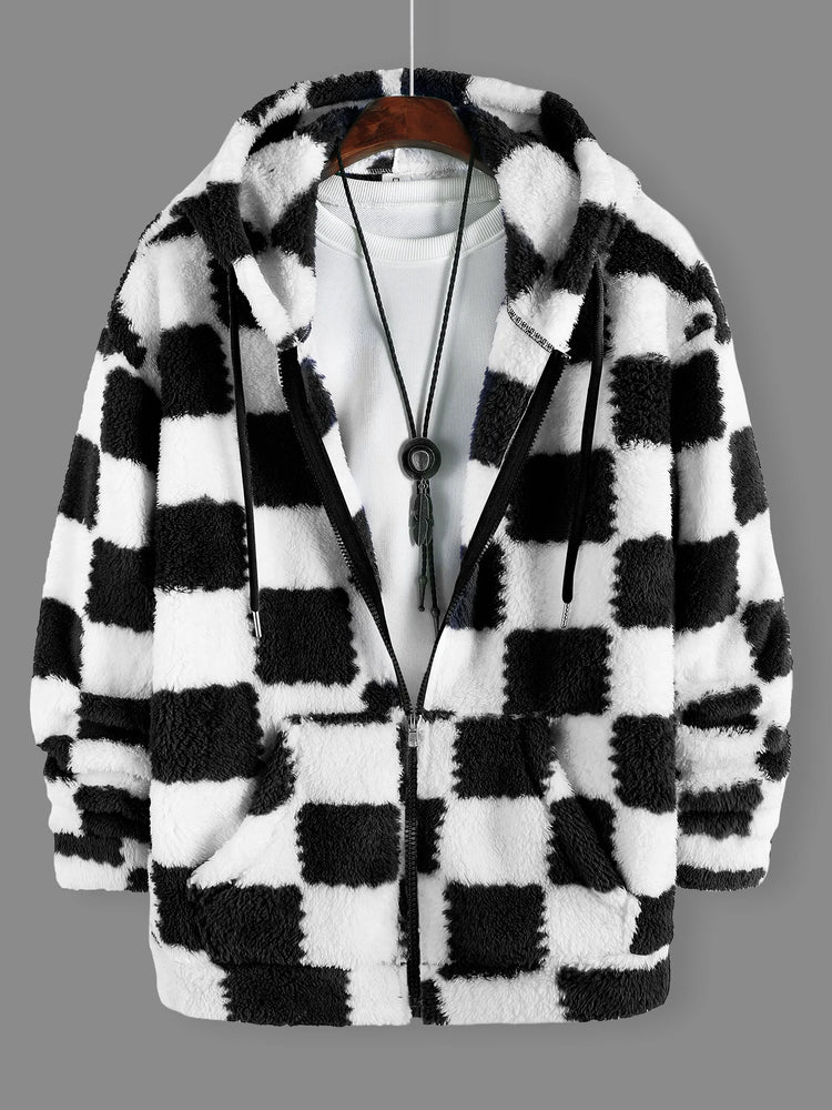 Men's Black & White Checkerboard Fleece Hooded Zip-Up Jacket Winter Thick Warm Sherpa Casual Coat