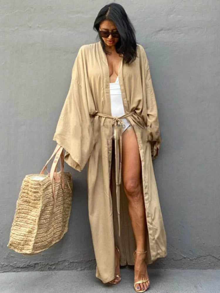 Solid Beach Cover Up Women Self Belted Wrap Kimono Dress Costume da bagno 2025 New Robe Summer Beachwear Fornitura in fabbrica platinumshop