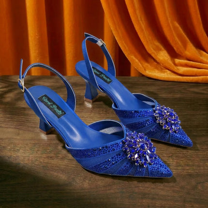 Zapatos y Bolso Nuevos de Diseño Italiano Azules con Diamantes de Imitación, Tacón Alto, Estilo de Moda, Zapatos de Tacón para Máxima Comodidad, Zapatos de Mujer