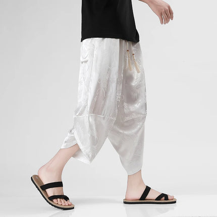Pantaloncini in Seta Ghiaccio da Uomo, Stile Cinese, Estivi, Comodi, Pantaloni Harem Vintage Traspiranti, Tinta Unita, Lunghezza al Polpaccio