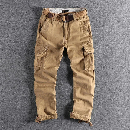 Heavyweight Camouflage Pants Men Clothing Multi-pockets Solid Color Patchworked Outdoor Trousers Retro Cargo Casual Wear Jogger