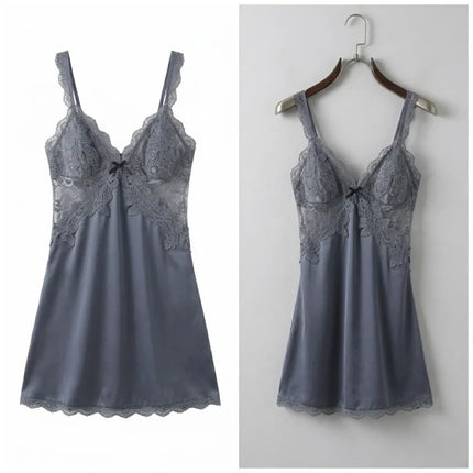 Women's Satin Nightgown with Built-in Padding and Waist Tie, Open Neckline Design, One-Piece Homewear