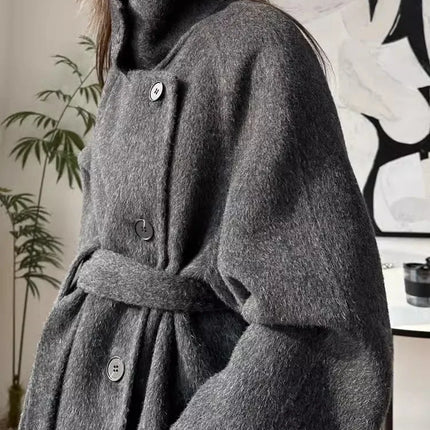 Korean Fashion Dark Gray Stand Collar 100%Wool Coat Women Long Winter Jacket