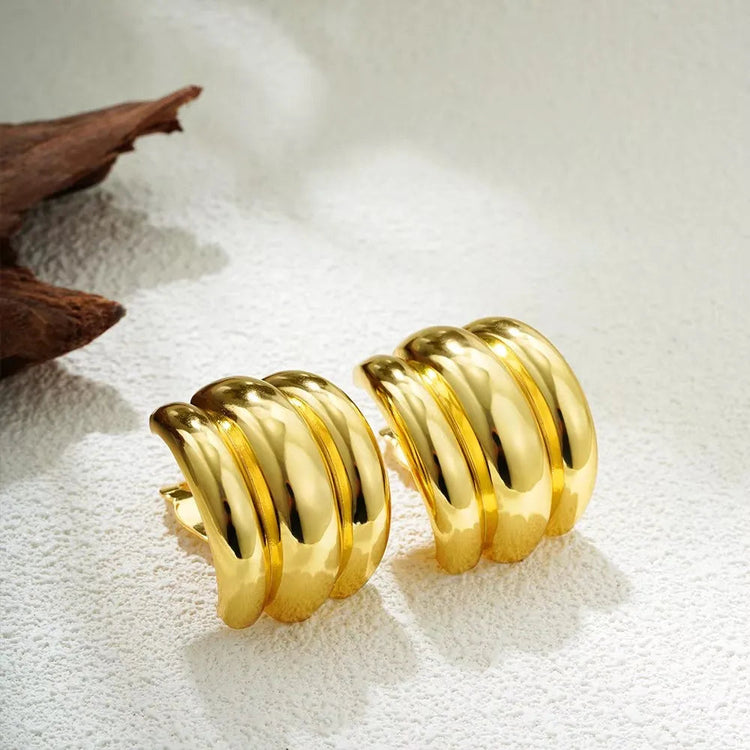 Orecchini a Perno Geometrici a Forma di C Multistrato Placcati in Oro 18K, Antiruggine, in Acciaio Inossidabile per Donne platinumshop