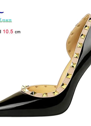 2025 Nuovo Sexy Nero Sottile Tacchi Alti 10.5 Centimetri Scarpe da Donna Testa A Punta Rivetto Pompe da Donna in Pelle Verniciata Stiletto Scarpe da Discoteca platinumshop