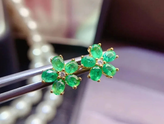 3*4mm Natural Emerald Flower Design Earrings with Certificate Fine Charm Fashion Weddings Jewelry for Women PlatiNum