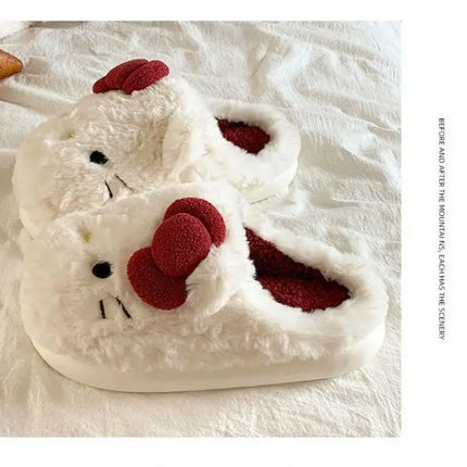 San-Rio Cute Girls Plush Slippers Cartoon Hello Kitty Winter Women Warm Cotton Shoes Female Kawaii Home Thick Sole Shoes Outdoor