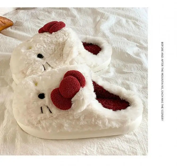 San-Rio Cute Girls Plush Slippers Cartoon Hello Kitty Winter Women Warm Cotton Shoes Female Kawaii Home Thick Sole Shoes Outdoor