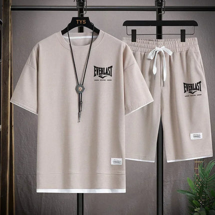 Men's Summer Outfit High Quality Round Neck Men's T-shirt 2-Piece Shorts Set Quick Dry Running Leisure.