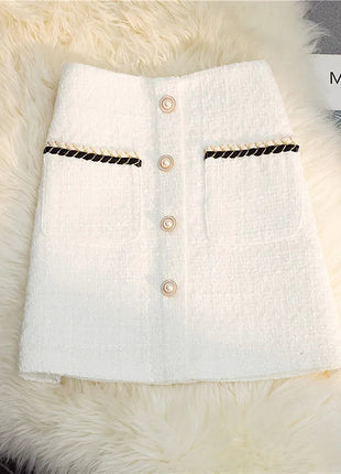Women's Mid-Length/Short White Black Tweed High-Waist Woolen A-Line Autumn Winter Fragrant Silk Skirt PlatiNum