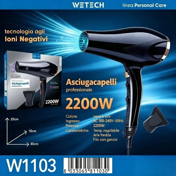 2200W Fast Dry Ionic Hair Blow Dryer 100‑240V Dual‑Voltage Hot & Cold Air Function Hanging Hook Design With Concentrator Nozzle Hair Styling Tool