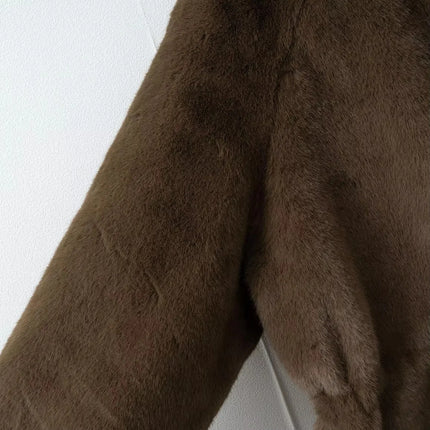 Women's Brown Plush Faux Fur Coat Funnel Neck Drawstring Waist Mid-Length Thick Winter Warm Elegant Luxe Chic Outerwear