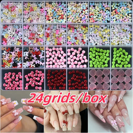 1 Box Pink White Series Bow Heart Nail Charms 3D Arcylic Nail Art Decorations Pearl 5-petal Flower Jewelry Manicure Accessories*