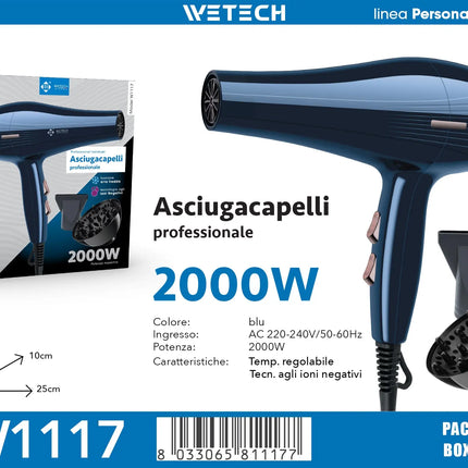 WETECH 2000W Professional Hair Dryer Negative Ion Blow Dryer Cool Shot Function With Concentrator Nozzle Diffuser Salon Home Travel Hair Styling Tool Adjustable Heat Speed 100-240V Universal Voltage