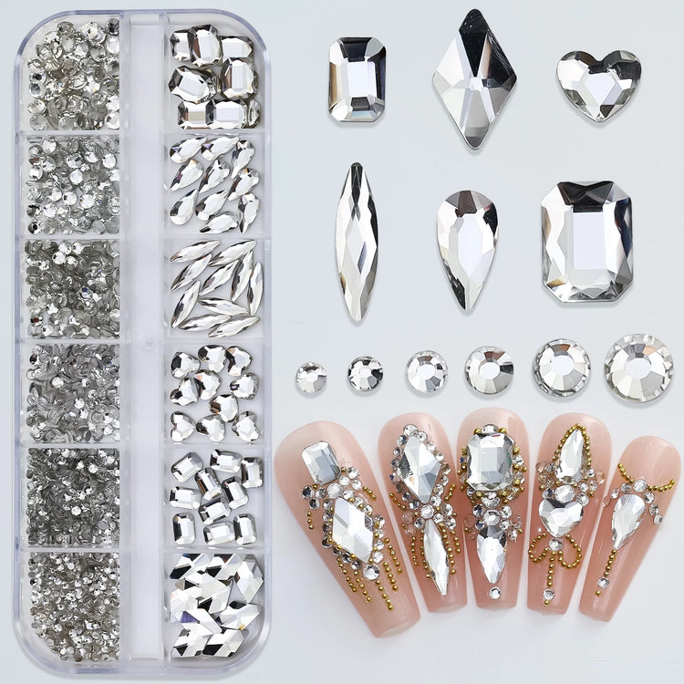 12 Grids Mixed Size Nail Rhinestones SS6 to SS30 Shiny Clear Gold Pink Blue Flat Back Glass Gems for DIY Nail Art Manicure Decoration Supply