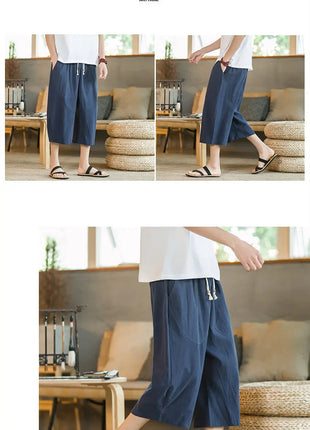 Pantaloni di lino da uomo in stile cinese Pantaloni a gamba larga da uomo con cavallo basso Pantaloni da uomo HipHop Pantaloni al polpaccio Pantaloni da pista Streetwear