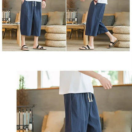 Pantaloni di lino da uomo in stile cinese Pantaloni a gamba larga da uomo con cavallo basso Pantaloni da uomo HipHop Pantaloni al polpaccio Pantaloni da pista Streetwear