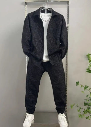 New Spring and Autumn Men's Casual Suit Lapel Jacquard Shirt Trousers Two-piece Set Comfortable Loose PlatiNum