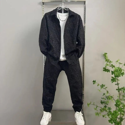 New Spring and Autumn Men's Casual Suit Lapel Jacquard Shirt Trousers Two-piece Set Comfortable Loose PlatiNum