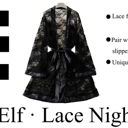 Vestido de talla grande de encaje negro con ribetes de satén: lazo en la cintura, tejido transparente para un elegante y sexy atuendo de estar en casa.seksi iç çama beheları kadın