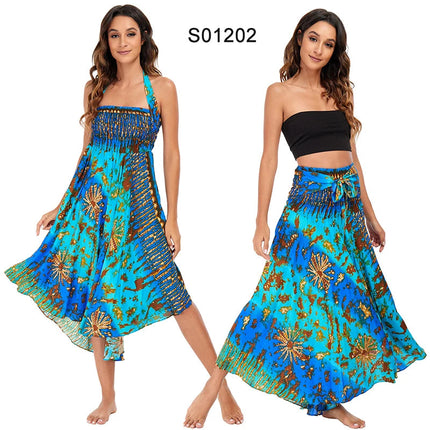 Boho Gonne Donna Rayon Beach Abito lungo Estate Bohemian Jupe Longue Femme Elastico in vita Stampa Fasciatura floreale Halter Hippie platinumshop