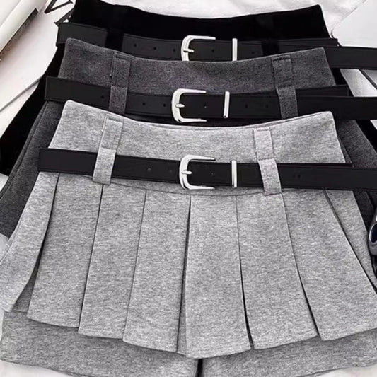 Womens Shorts Autumn Winter Belt High Waist Fluffy Pleated A-line Short Pants Korean Fashion Sexy Y2k All Match Clothes