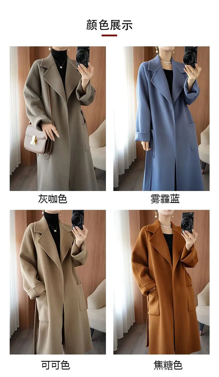 100% Wool Coat Women's Wear 2026 Autumn/Winter Fashion Temperament Double sided Cashmere Coats with Belt Elegant Long Overcoat