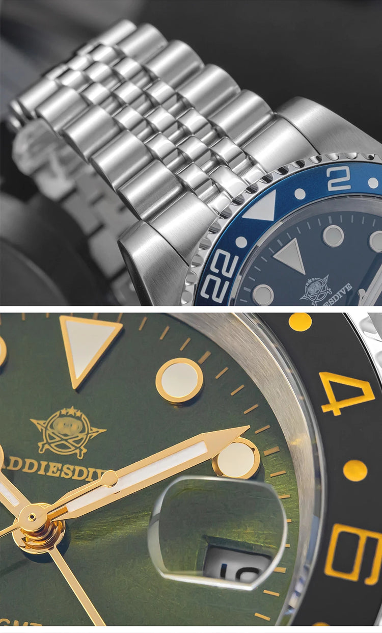 ADDIESDIVE AD2050 Luxury GMT Watch Stainless Steel Super Luminous 20Bar Water-Resistance Diving Men Quartz Watches Ceramic Bezel
