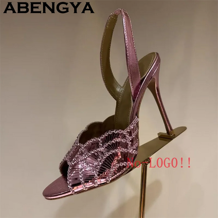 2026 Summer Trendy New Shiny Fish Mouth Toe Sexy Stiletto Sandals Woman Quality Sequined Thin High Heel Slippers for Women Shoes PlatiNum