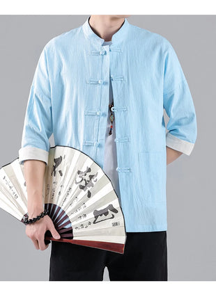 Camicie in Stile Cinese per Uomo, Top Tradizionale Tang in Lino a Mezza Manica, Camicia Kung Fu Hanfu Vintage Casual, Taglie Grandi fino a 5XL