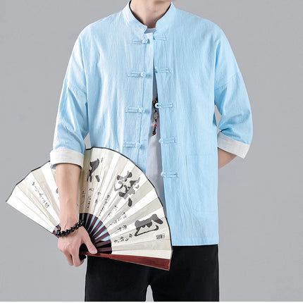 Camicie in Stile Cinese per Uomo, Top Tradizionale Tang in Lino a Mezza Manica, Camicia Kung Fu Hanfu Vintage Casual, Taglie Grandi fino a 5XL