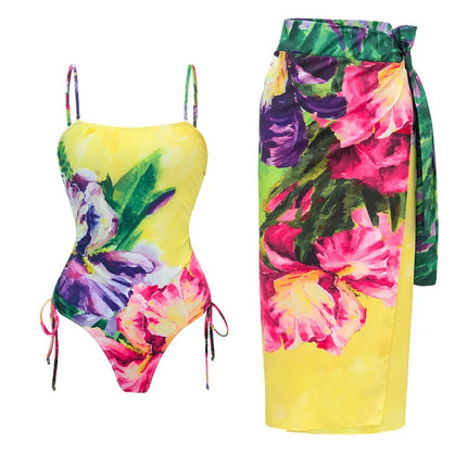 Completo Set Copricostume Elegante da Donna con Volant, Stampa Pittorica, per l'Estate, Sexy, con Body Senza Spalline e Gonna platinumshop