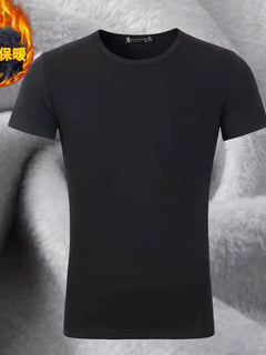 Thickened Fleece round Neck Short Sleeve Men's T-shirt Winter Warm Pure Color Half Sleeve Base Shirt Body Tee Upper Apparel