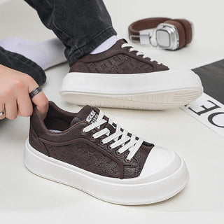 Men's Thick Sole Platform Sneakers, Retro Embossed Leather Casual Shoes, Height Increasing Lace-up Skate Shoes Fashion