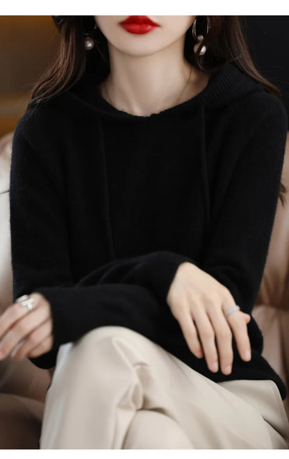 Cashmere Hooded Sweater Women Autumn Winter Long Sleeve Solid Color Knitted Hoodies Lady Loose Drawstring Casual Pullover Hoodie