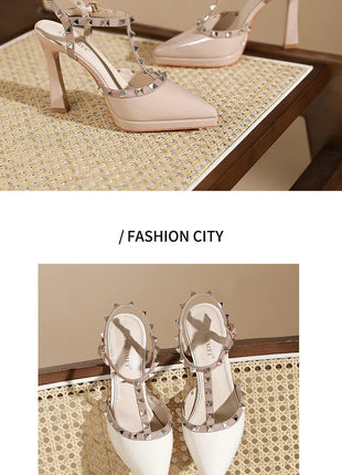 Scarpe con tacco sexy con rivetti Sandali con tacco alto da 10 cm Sandali con tacco alto da sera Sandali con tacco a spillo color nudo semplici con punta a punta platinumshop