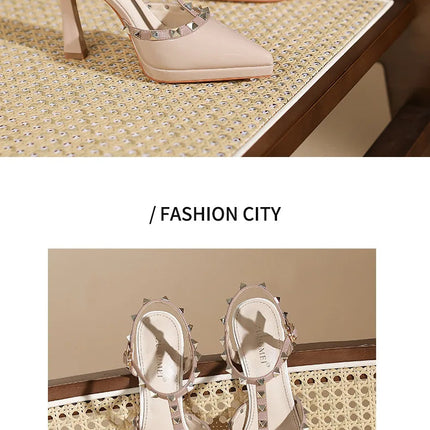 Scarpe con tacco sexy con rivetti Sandali con tacco alto da 10 cm Sandali con tacco alto da sera Sandali con tacco a spillo color nudo semplici con punta a punta platinumshop