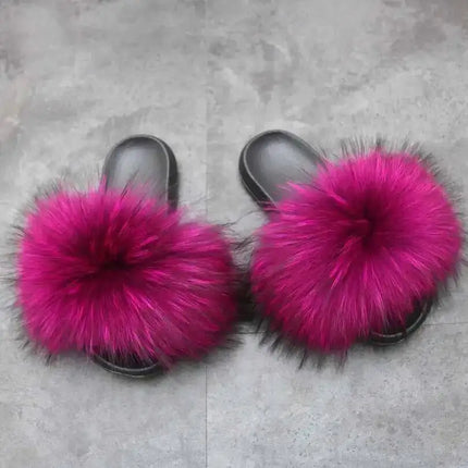 Real Raccoon Fur Slippers for Women 2023 Summer Fluffy Indoor Home Fuzzy Flat Slides Outdoor Fashion Beach Sandals Flip Flops