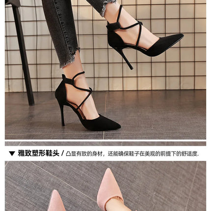 2021 Estate europea e americana pelle scamosciata a punta croce cinturino scarpe tacco alto banchetto da donna discoteca sandali sexy con tacco sottile