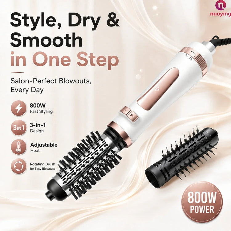 3 in 1 Rotating Hot Air Brush, 800W Professional Hair Dryer Brush, Bi-Directional Rotation with 2 Curling Rollers, Adjustable Temp & Speed Hair Styling Tool
