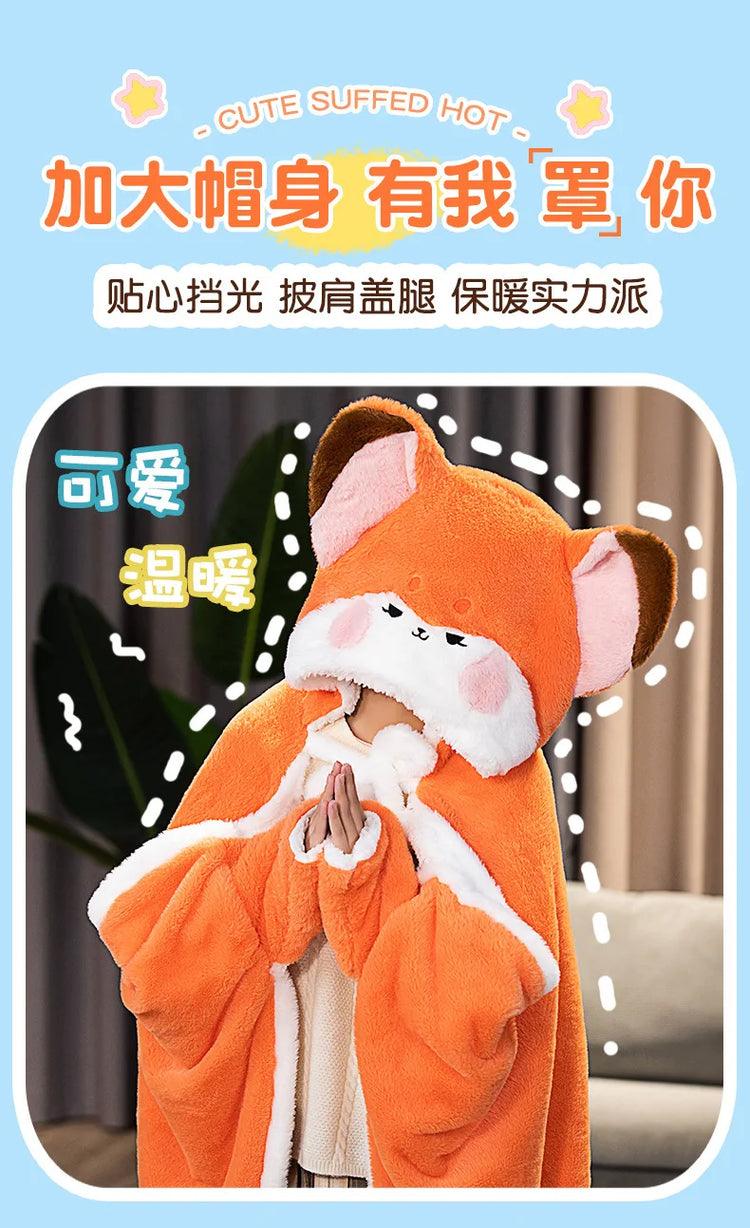 Anime Fox Cloak Fox Cape Cartoon Cloak Coral Fleece Keep Warm Air Blankets Cosplay Costumes Lovely Soft Birthday Valentine Gifts