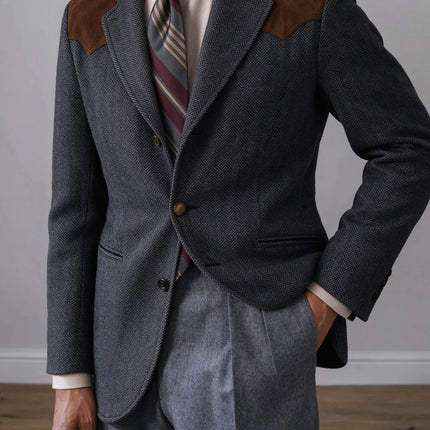 Herringbone Tweed Men's Blazer Jacket Wool Blend Suede Patch Shoulder Men's Sport Coat Business Casual Slim Fit For Oktoberfest