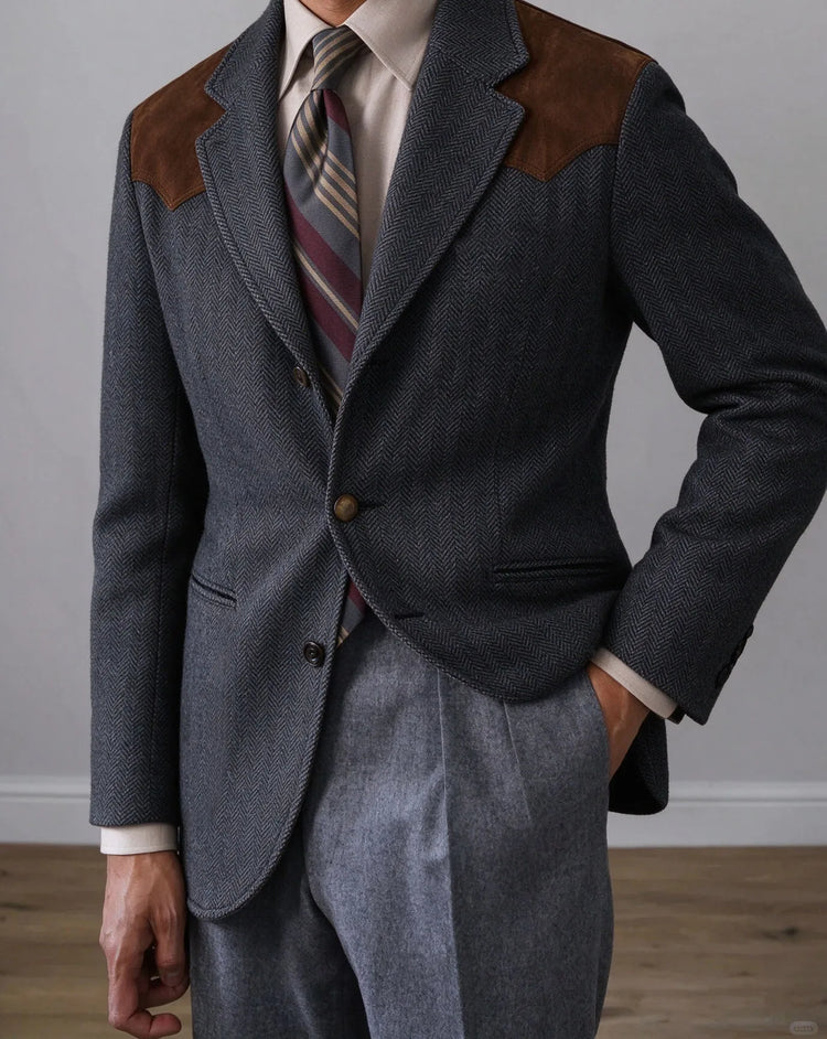 Herringbone Tweed Men's Blazer Jacket Wool Blend Suede Patch Shoulder Men's Sport Coat Business Casual Slim Fit For Oktoberfest