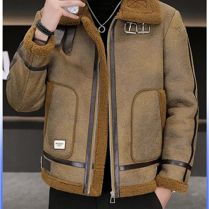High-quality Faux Fur Leather Jackets Men Splicing Pockets Trend Casual Motorcycle Bike Jacket Winter Thick Warm Coat Streetwear