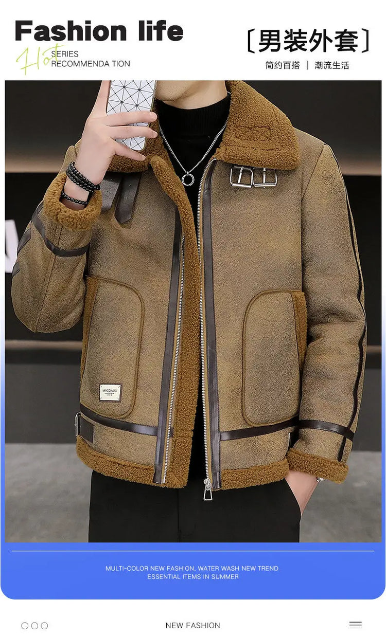 High-quality Faux Fur Leather Jackets Men Splicing Pockets Trend Casual Motorcycle Bike Jacket Winter Thick Warm Coat Streetwear