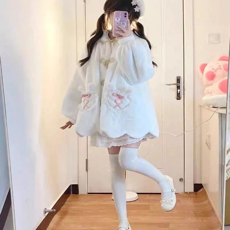 Kawaii Winter Clothes Cute Coats Women Rabbit Cosplay Costume Ears Hooded Lamb Wool Lolita Outwear Y2K Thicked Cartoon Jackets