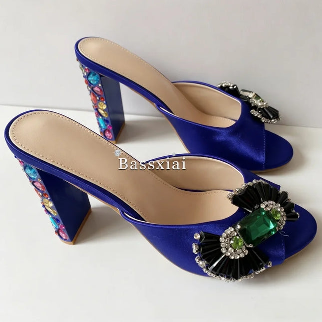 Women's Summer Blue Silk High Heel Sandals with Colorful Rhinestones and Crystal Butterfly Knot Decorations for Girls