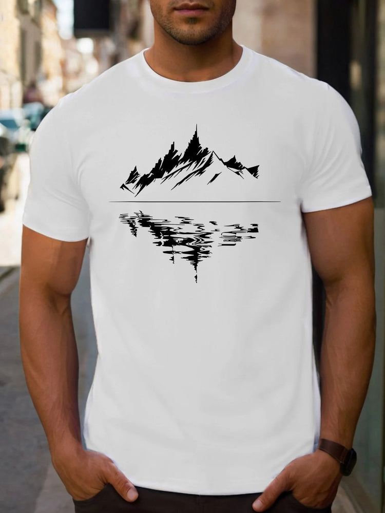 Men's summer 100 pure cotton fashionable casual loose fit plus mountain reflection printed round neck short sleeved T-shirt top PlatiNum